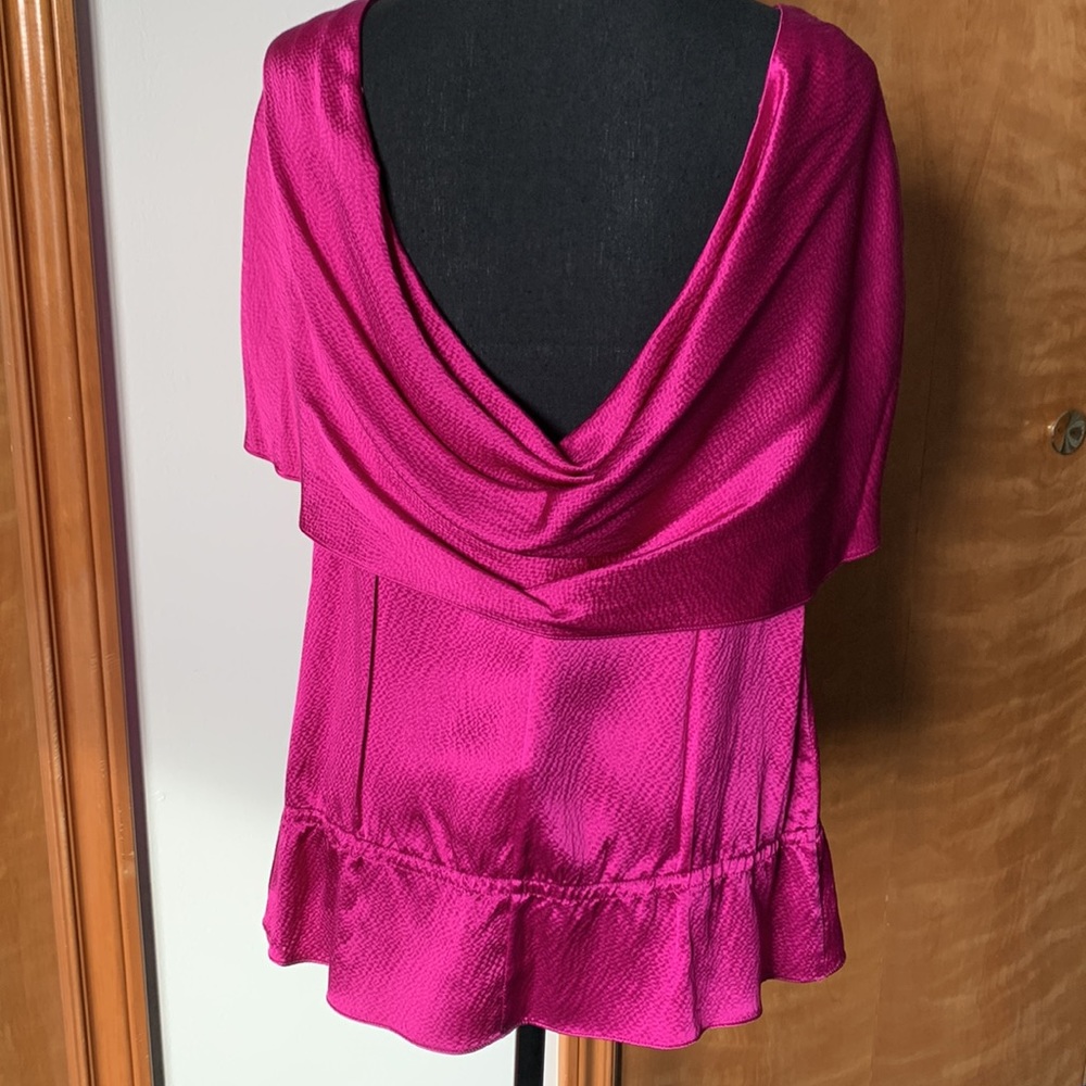 BCBGMaxAzria Magenta Woven Top - Textured Silk Draped Cowl Back